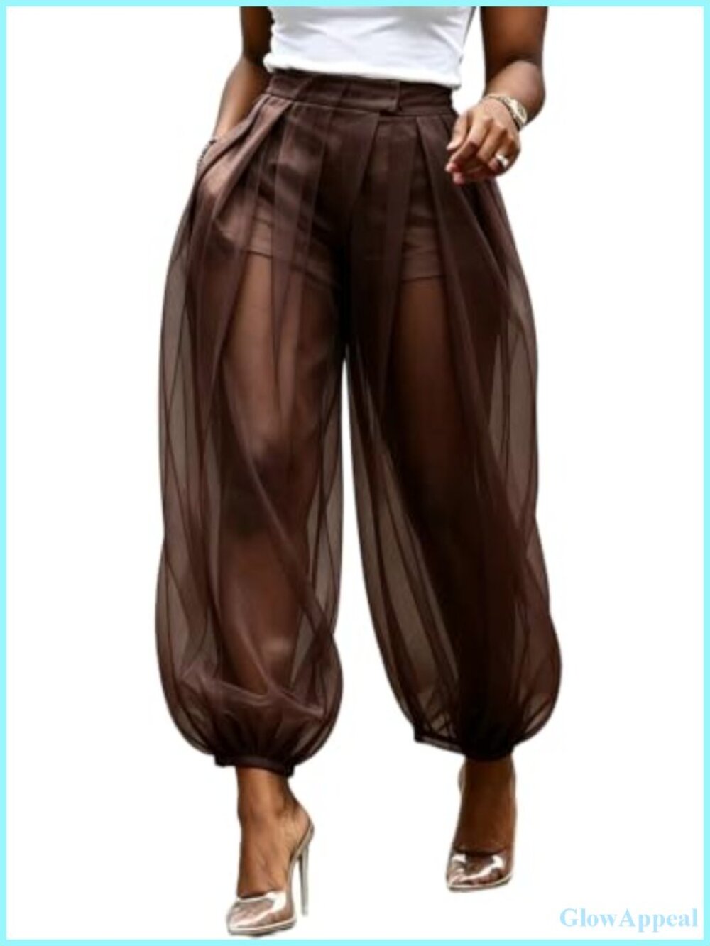 Women's Sheer Mesh Balloon Pants Wide Leg Barrel Joggers with Shorts Liner